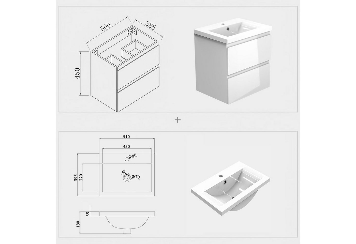 duschspa Waschtisch Badmöbel Set Waschbecken mit Unterschrank MDF, Beite 50/60/80/100 cm – Bild 5 von 5