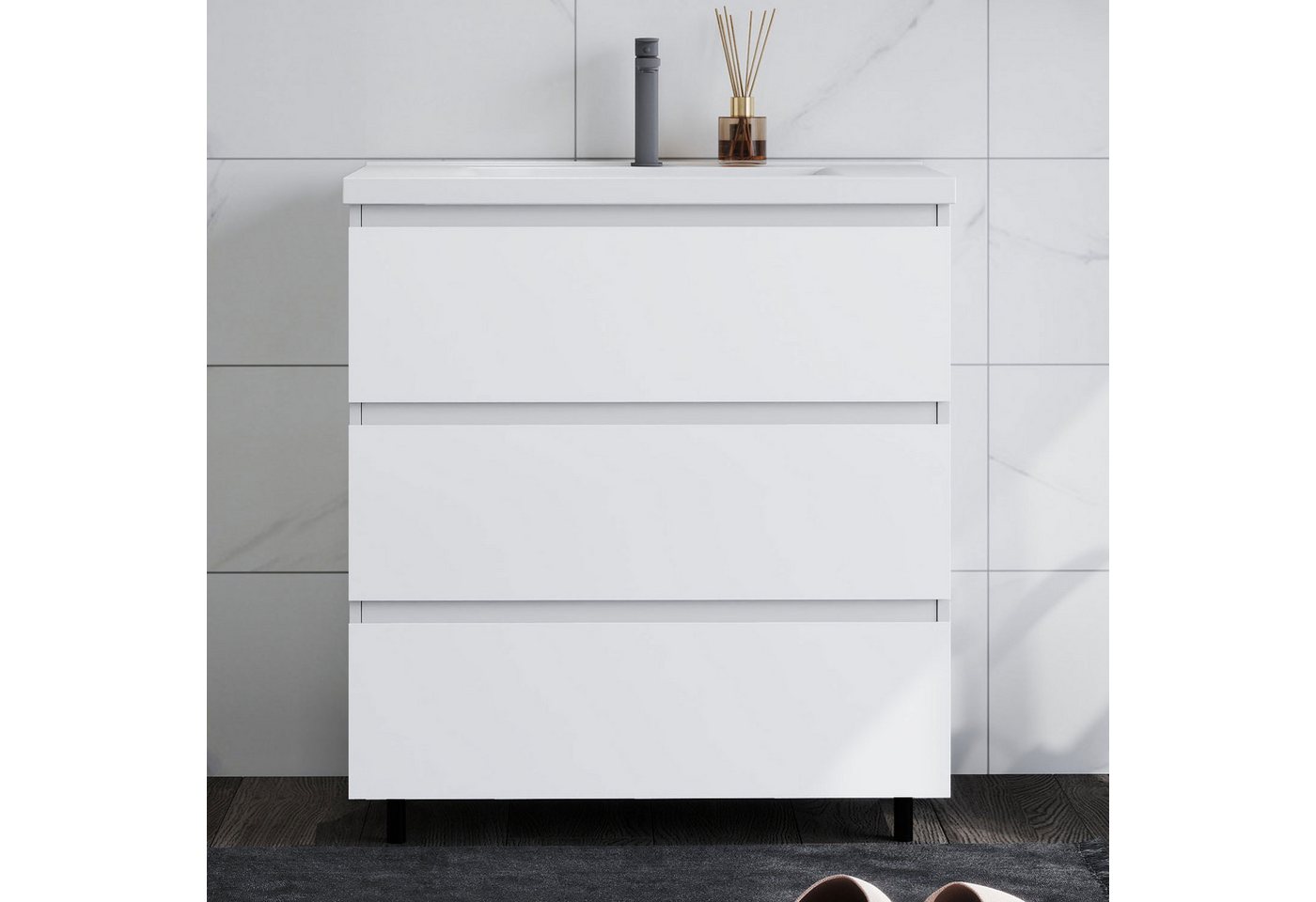 duschspa Waschtisch Badmöbel Set Waschbecken mit Unterschrank Badezimmer Möbel Schrank (Hängeschrank, mit Schrankfüße), 80/100cm breit – Bild 3 von 5