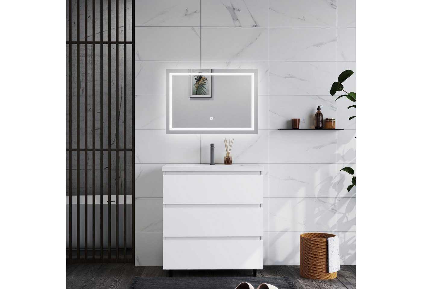 duschspa Waschtisch Badmöbel Set Waschbecken mit Unterschrank Badezimmer Möbel Schrank (Hängeschrank, mit Schrankfüße), 80/100cm breit – Bild 4 von 5