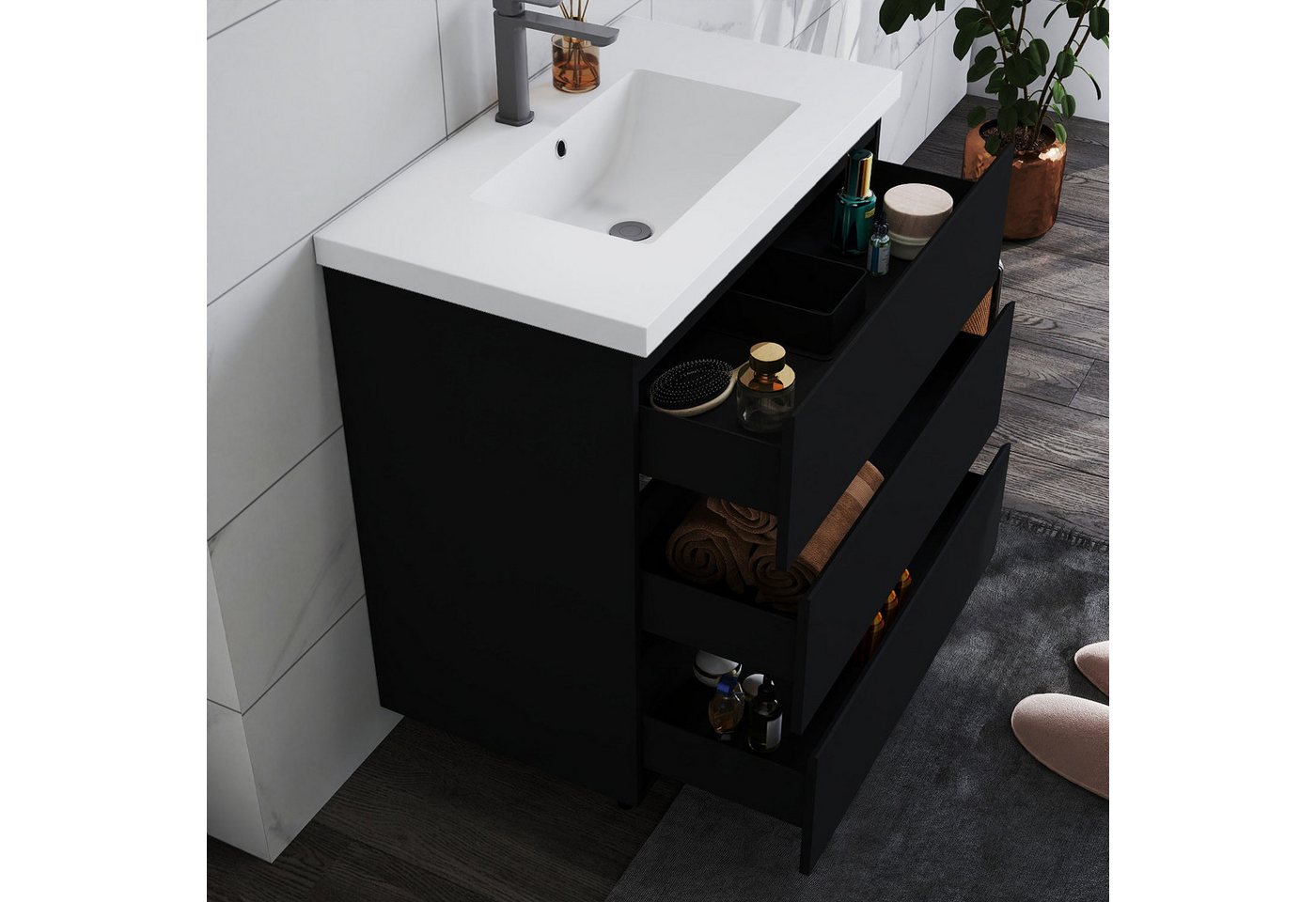 duschspa Waschtisch Badmöbel Set Waschbecken mit Unterschrank Badezimmer Möbel Schrank (Hängeschrank, mit Schrankfüße), 80/100cm breit – Bild 2 von 5