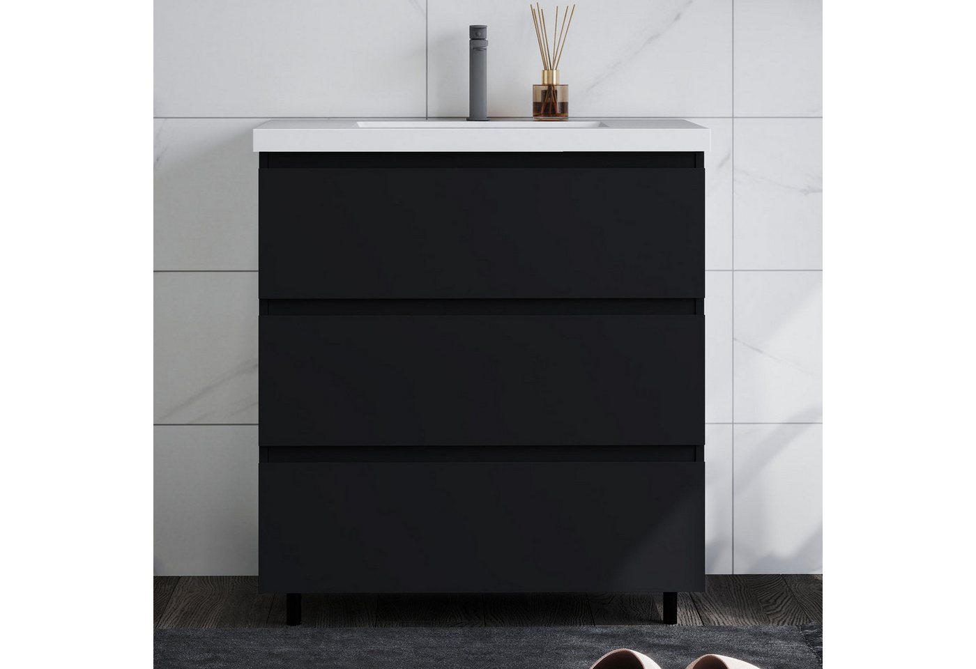 duschspa Waschtisch Badmöbel Set Waschbecken mit Unterschrank Badezimmer Möbel Schrank (Hängeschrank, mit Schrankfüße), 80/100cm breit – Bild 3 von 5