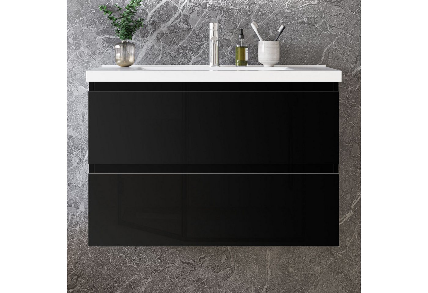 duschspa Waschtisch Badmöbel Set Waschbecken mit Unterschrank MDF, Hochglanz, Softclose, mit Überlauf – Bild 2 von 5
