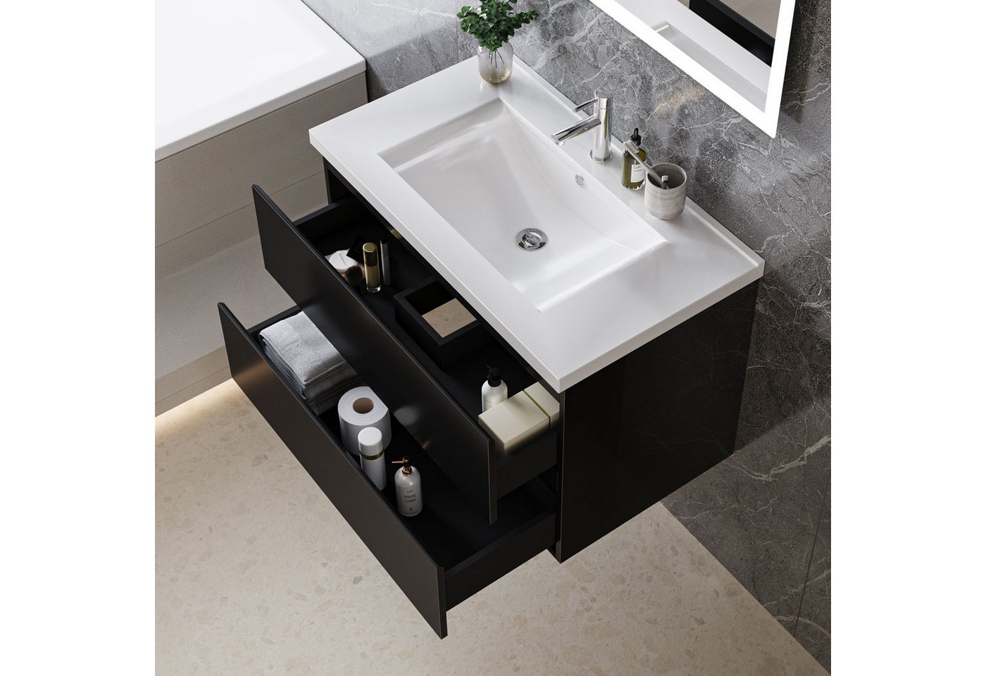 duschspa Waschtisch Badmöbel Set Waschbecken mit Unterschrank MDF, Hochglanz, Softclose, mit Überlauf – Bild 3 von 5