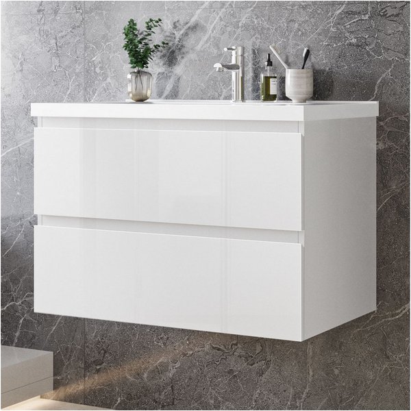 duschspa Waschtisch Badmöbel Set Waschbecken mit Unterschrank MDF, Hochglanz, Softclose, mit Überlauf