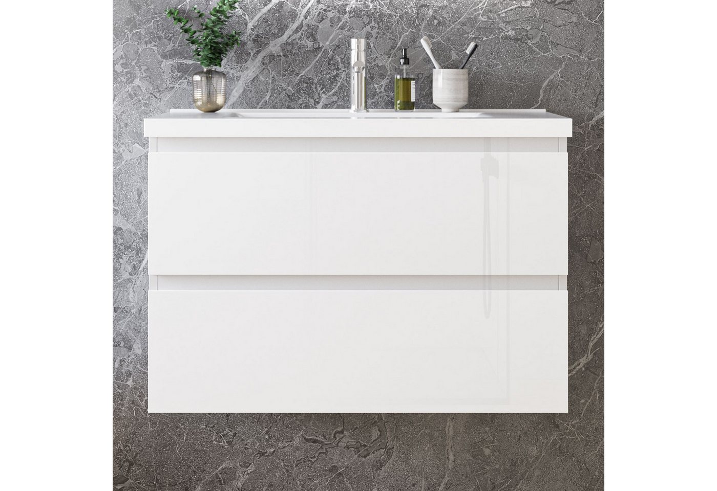 duschspa Waschtisch Badmöbel Set Waschbecken mit Unterschrank MDF, Hochglanz, Softclose, mit Überlauf – Bild 2 von 5