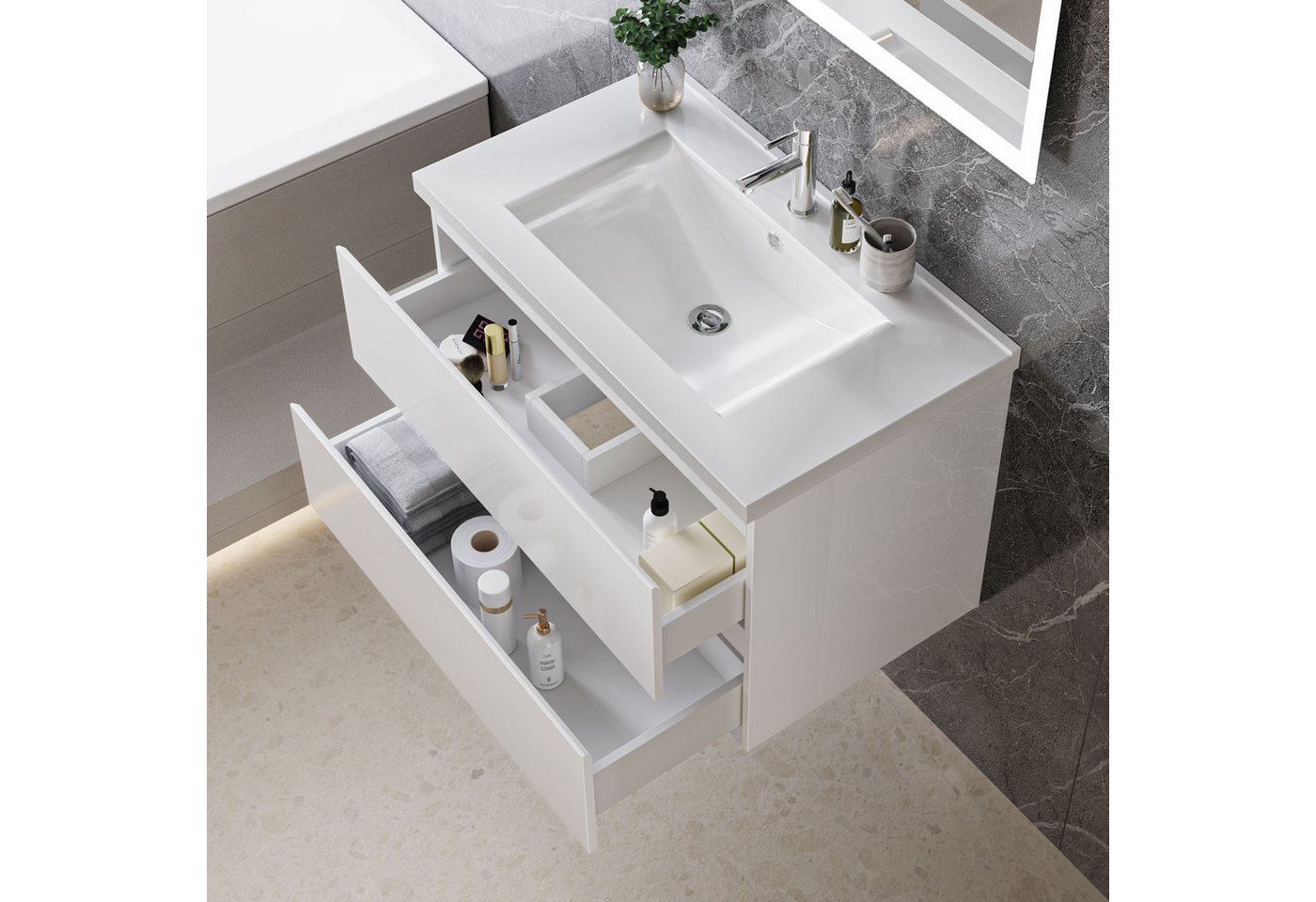duschspa Waschtisch Badmöbel Set Waschbecken mit Unterschrank MDF, Hochglanz, Softclose, mit Überlauf – Bild 3 von 5