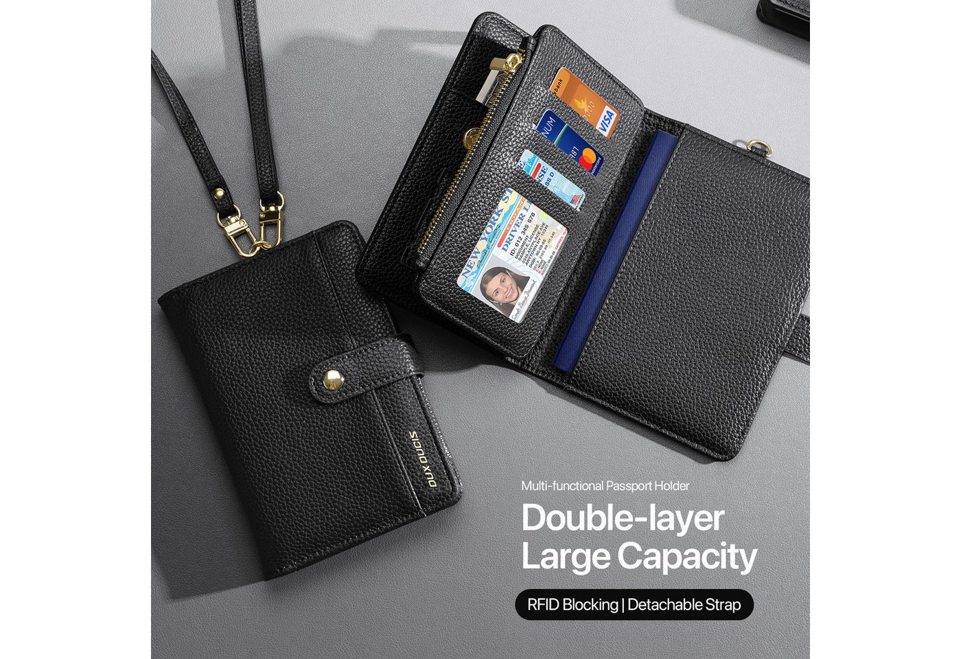 Dux Ducis Brieftasche Reisebeutel – RFID-Blocker Passhülle mit Schulterband & Fächern – Bild 3 von 5