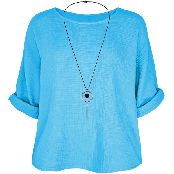 dy_mode Crinklebluse Damen Musselin Bluse Oversize Bluse Blusenshirt Oberteil Baumwolle in Unifarbe, mit passende Kette