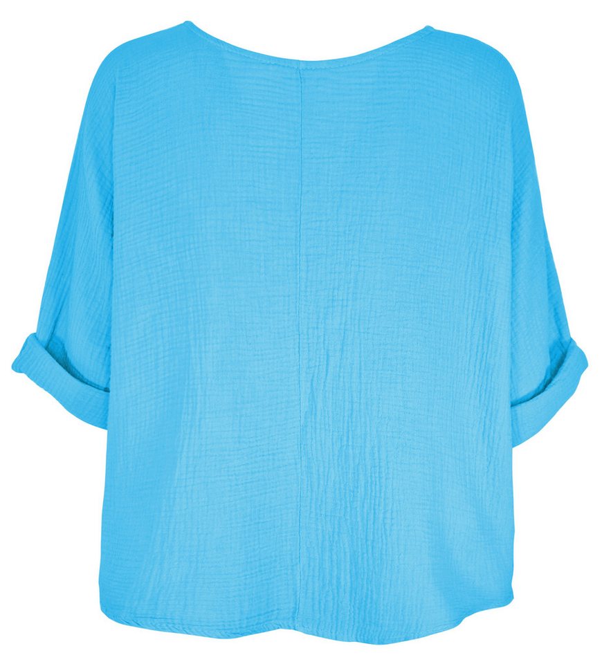 dy_mode Crinklebluse Damen Musselin Bluse Oversize Bluse Blusenshirt Oberteil Baumwolle in Unifarbe, mit passende Kette – Bild 2 von 4