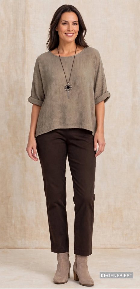 dy_mode Crinklebluse Damen Musselin Bluse Oversize Bluse Blusenshirt Oberteil Baumwolle in Unifarbe, mit passende Kette – Bild 3 von 4