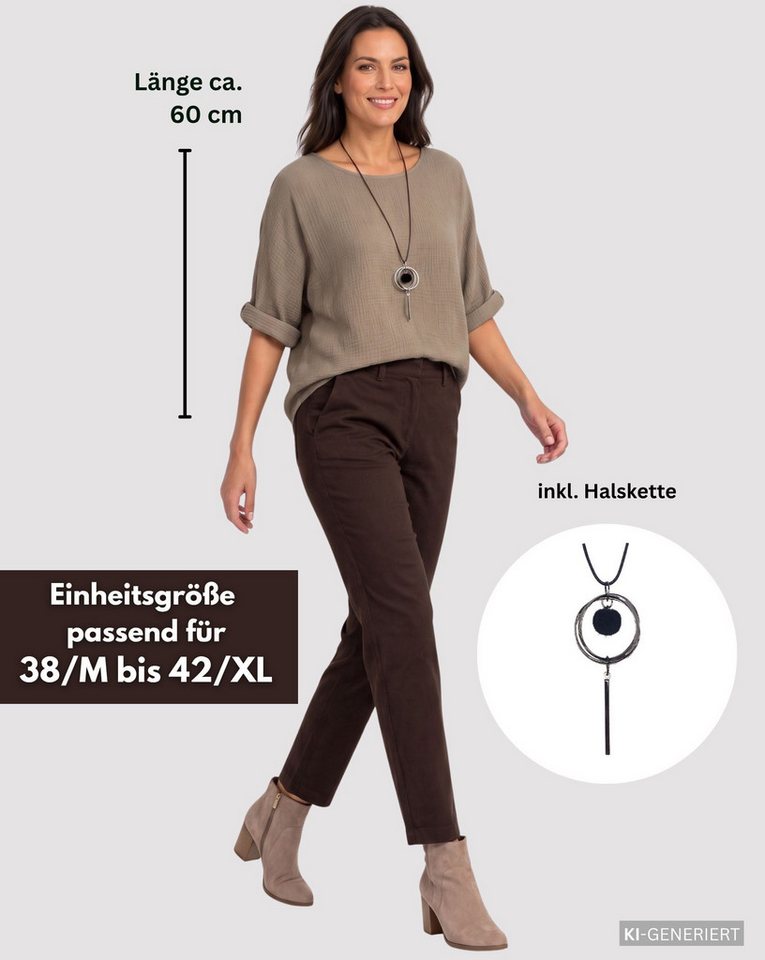 dy_mode Crinklebluse Damen Musselin Bluse Oversize Bluse Blusenshirt Oberteil Baumwolle in Unifarbe, mit passende Kette – Bild 4 von 4