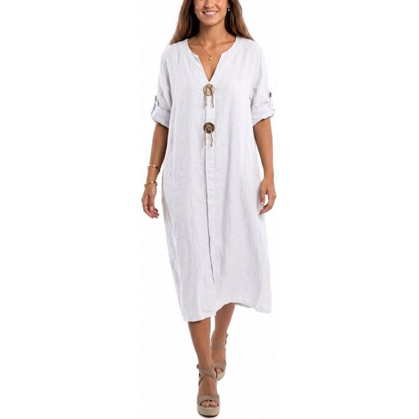 dy_mode Hemdblusenkleid Damen Leinenkleid Midi Hemdblusenkleid mit V-Ausschnitt Freizeitkleid in Unifarbe, V-Ausschnitt, mit seitlichen Eingriffstaschen