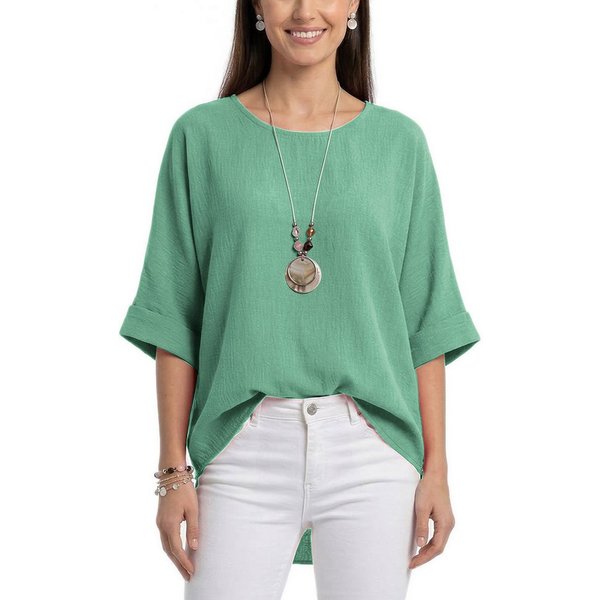 dy_mode Kurzarmbluse Damen Bluse Oversize Tunika Leichte Viskosebluse Oberteil Einfarbig in Unifarbe, High-Low Saum, mit passende Kette