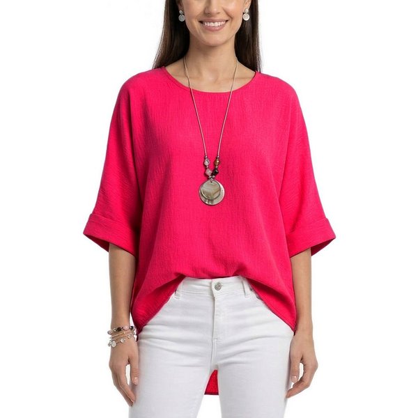dy_mode Kurzarmbluse Damen Bluse Oversize Tunika Leichte Viskosebluse Oberteil Einfarbig in Unifarbe, High-Low Saum, mit passende Kette