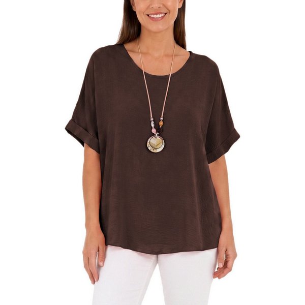 dy_mode Kurzarmbluse Kurzarmbluse Damen Blusenshirt Oberteil Oversize Tunika in Unifarbe, mit Statementkette