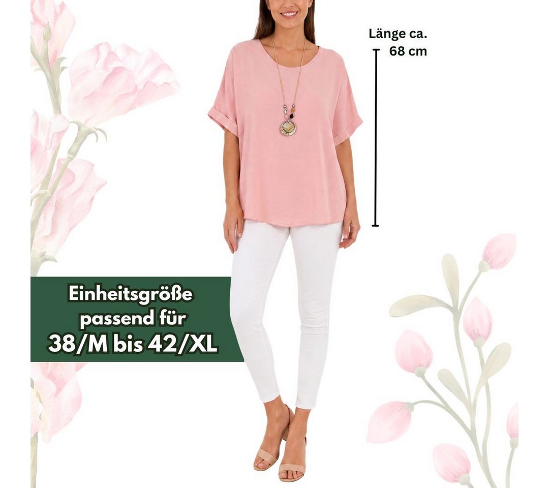 dy_mode Kurzarmbluse Kurzarmbluse Damen Blusenshirt Oberteil Oversize Tunika in Unifarbe, mit Statementkette – Bild 4 von 4