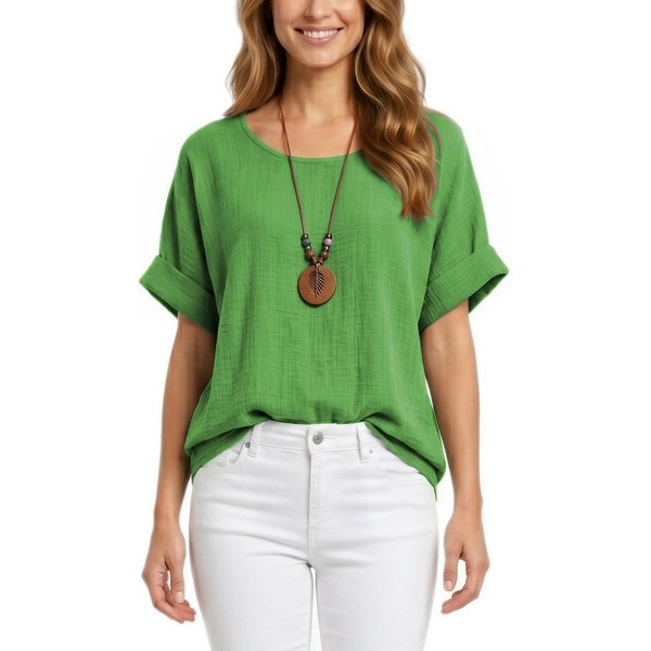 dy_mode Kurzarmbluse Damen Kurzarm Bluse Leichte Sommer Tunika Baumwollbluse Oberteil in Unifarbe, mit passende Kette