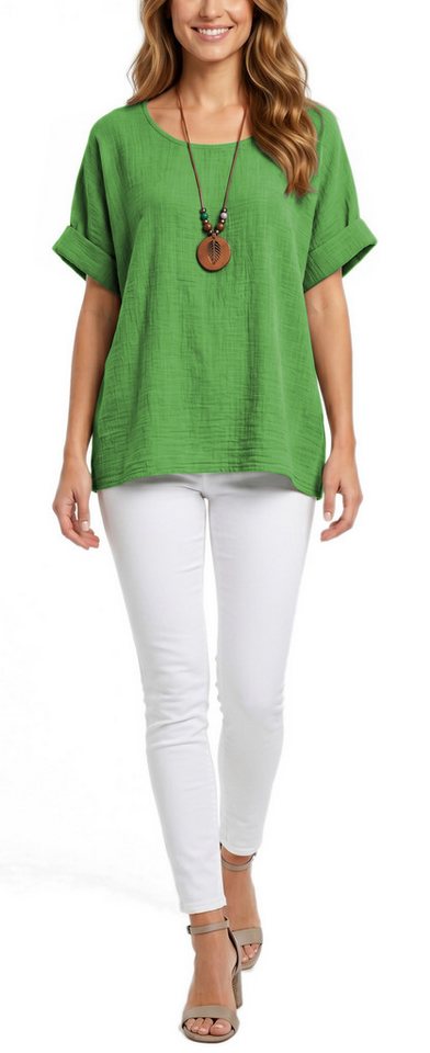 dy_mode Kurzarmbluse Damen Kurzarm Bluse Leichte Sommer Tunika Baumwollbluse Oberteil in Unifarbe, mit passende Kette – Bild 2 von 5
