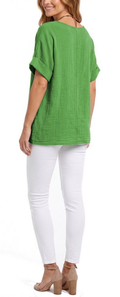 dy_mode Kurzarmbluse Damen Kurzarm Bluse Leichte Sommer Tunika Baumwollbluse Oberteil in Unifarbe, mit passende Kette – Bild 3 von 5