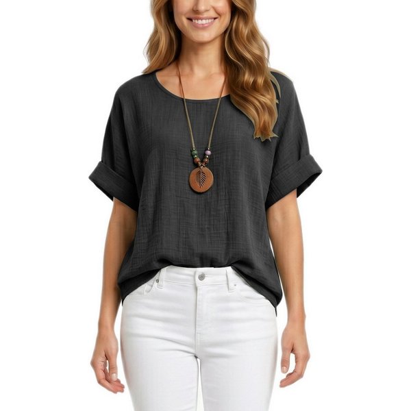 dy_mode Kurzarmbluse Damen Kurzarm Bluse Leichte Sommer Tunika Baumwollbluse Oberteil in Unifarbe, mit passende Kette