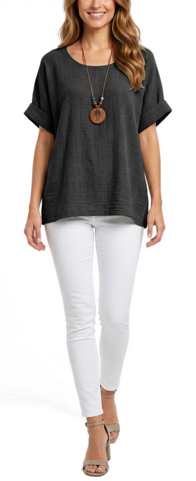 dy_mode Kurzarmbluse Damen Kurzarm Bluse Leichte Sommer Tunika Baumwollbluse Oberteil in Unifarbe, mit passende Kette – Bild 2 von 5