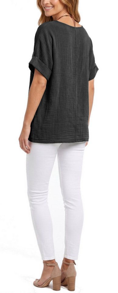 dy_mode Kurzarmbluse Damen Kurzarm Bluse Leichte Sommer Tunika Baumwollbluse Oberteil in Unifarbe, mit passende Kette – Bild 3 von 5