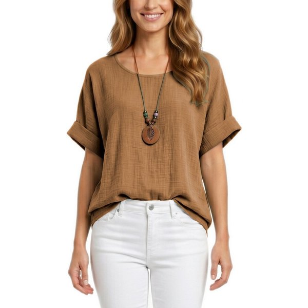 dy_mode Kurzarmbluse Damen Kurzarm Bluse Leichte Sommer Tunika Baumwollbluse Oberteil in Unifarbe, mit passende Kette