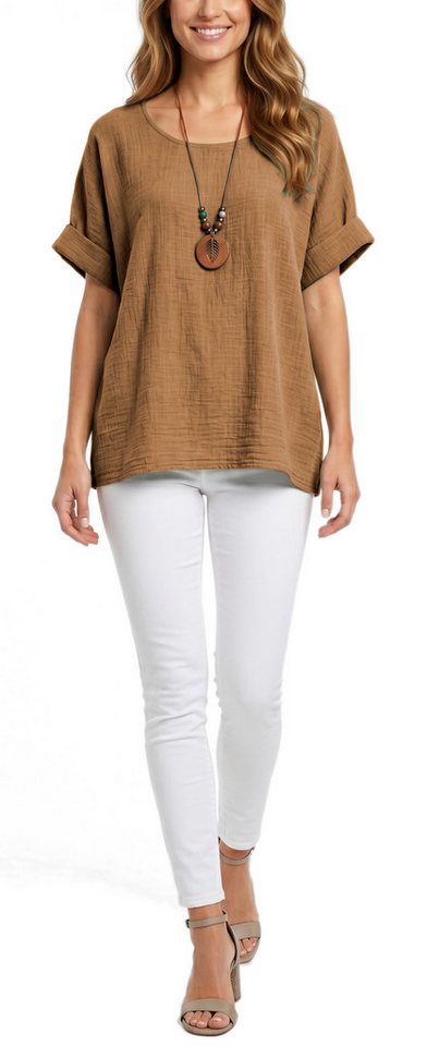 dy_mode Kurzarmbluse Damen Kurzarm Bluse Leichte Sommer Tunika Baumwollbluse Oberteil in Unifarbe, mit passende Kette – Bild 2 von 5