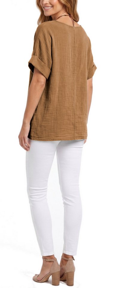 dy_mode Kurzarmbluse Damen Kurzarm Bluse Leichte Sommer Tunika Baumwollbluse Oberteil in Unifarbe, mit passende Kette – Bild 3 von 5