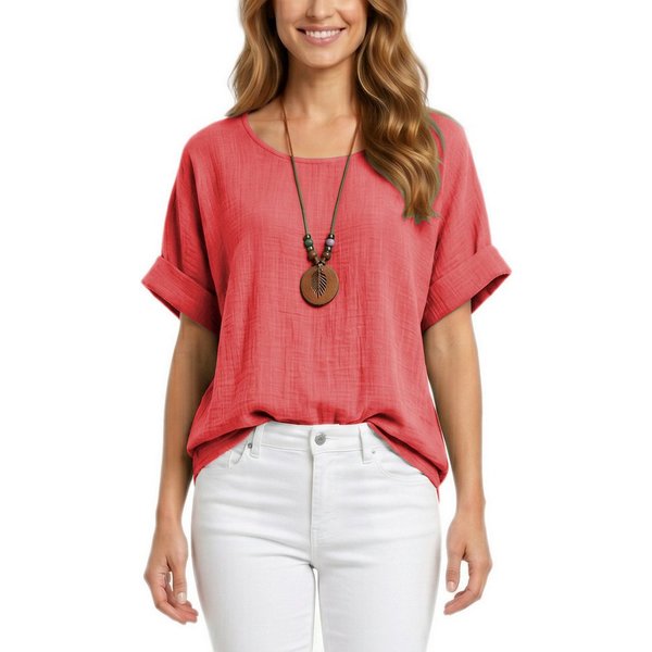dy_mode Kurzarmbluse Damen Kurzarm Bluse Leichte Sommer Tunika Baumwollbluse Oberteil in Unifarbe, mit passende Kette