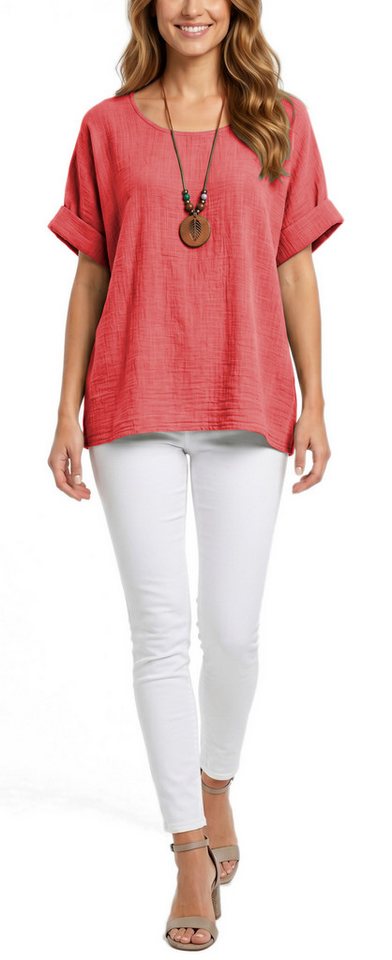 dy_mode Kurzarmbluse Damen Kurzarm Bluse Leichte Sommer Tunika Baumwollbluse Oberteil in Unifarbe, mit passende Kette – Bild 2 von 5