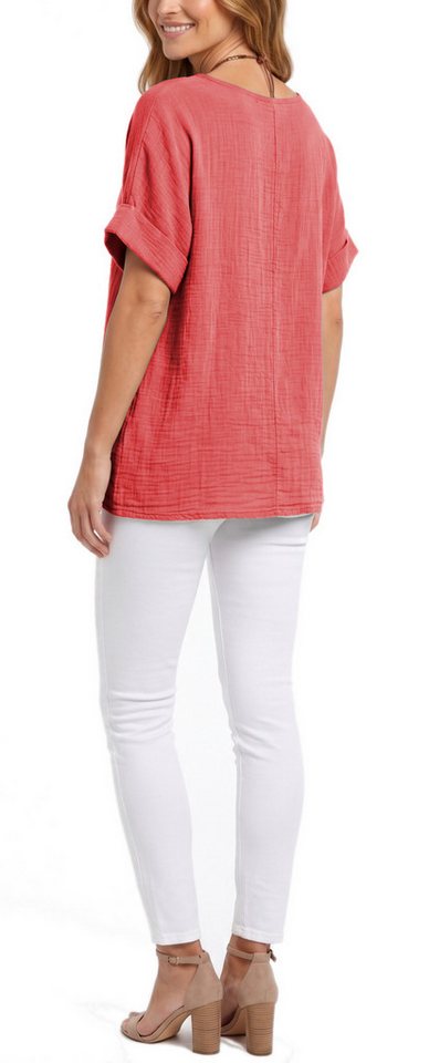 dy_mode Kurzarmbluse Damen Kurzarm Bluse Leichte Sommer Tunika Baumwollbluse Oberteil in Unifarbe, mit passende Kette – Bild 3 von 5