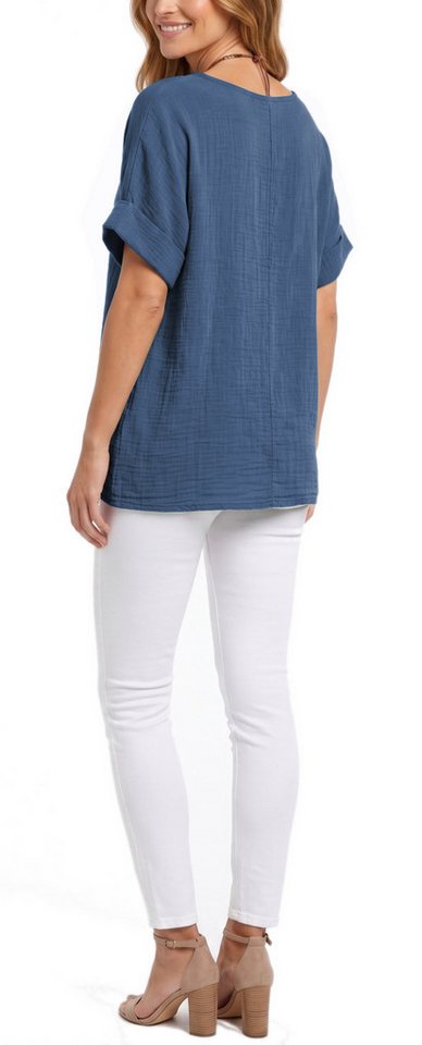 dy_mode Kurzarmbluse Damen Kurzarm Bluse Leichte Sommer Tunika Baumwollbluse Oberteil in Unifarbe, mit passende Kette – Bild 3 von 5