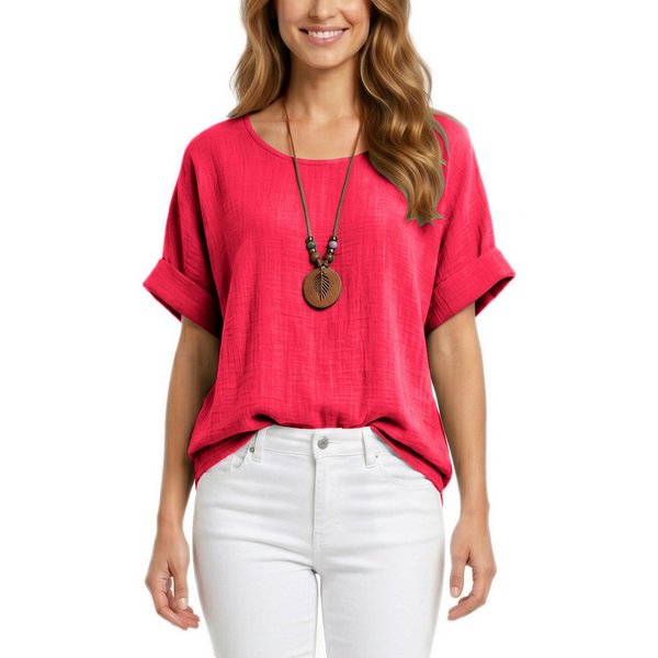 dy_mode Kurzarmbluse Damen Kurzarm Bluse Leichte Sommer Tunika Baumwollbluse Oberteil in Unifarbe, mit passende Kette