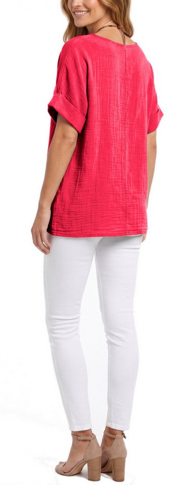 dy_mode Kurzarmbluse Damen Kurzarm Bluse Leichte Sommer Tunika Baumwollbluse Oberteil in Unifarbe, mit passende Kette – Bild 3 von 5
