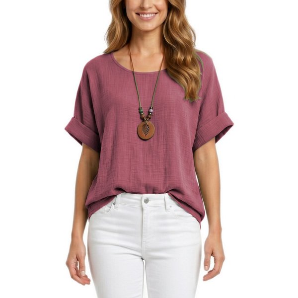 dy_mode Kurzarmbluse Damen Kurzarm Bluse Leichte Sommer Tunika Baumwollbluse Oberteil in Unifarbe, mit passende Kette