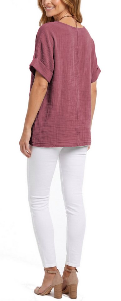 dy_mode Kurzarmbluse Damen Kurzarm Bluse Leichte Sommer Tunika Baumwollbluse Oberteil in Unifarbe, mit passende Kette – Bild 3 von 5