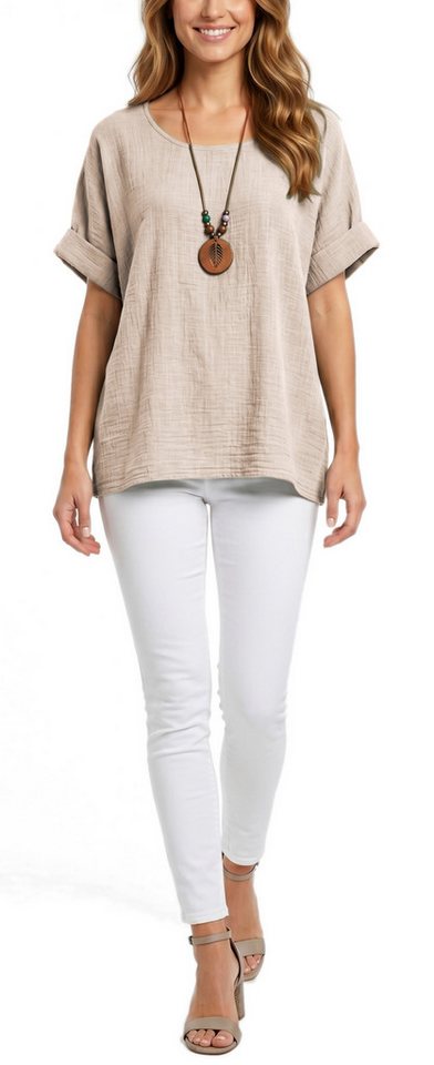 dy_mode Kurzarmbluse Damen Kurzarm Bluse Leichte Sommer Tunika Baumwollbluse Oberteil in Unifarbe, mit passende Kette – Bild 2 von 5