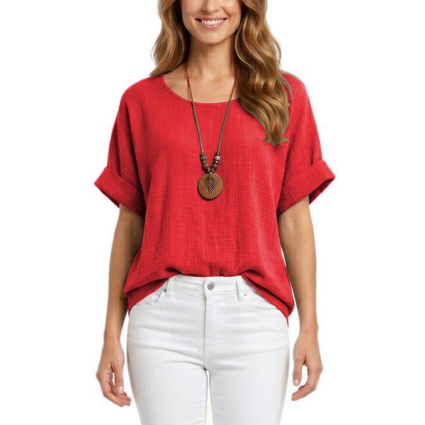 dy_mode Kurzarmbluse Damen Kurzarm Bluse Leichte Sommer Tunika Baumwollbluse Oberteil in Unifarbe, mit passende Kette