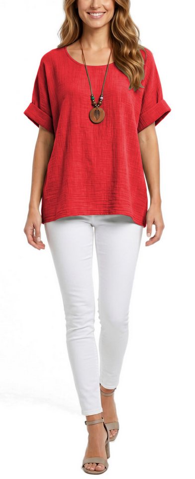 dy_mode Kurzarmbluse Damen Kurzarm Bluse Leichte Sommer Tunika Baumwollbluse Oberteil in Unifarbe, mit passende Kette – Bild 2 von 5