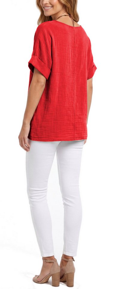 dy_mode Kurzarmbluse Damen Kurzarm Bluse Leichte Sommer Tunika Baumwollbluse Oberteil in Unifarbe, mit passende Kette – Bild 3 von 5