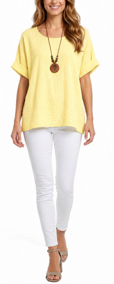 dy_mode Kurzarmbluse Damen Kurzarm Bluse Leichte Sommer Tunika Baumwollbluse Oberteil in Unifarbe, mit passende Kette – Bild 2 von 5