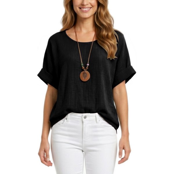 dy_mode Kurzarmbluse Damen Kurzarm Bluse Leichte Sommer Tunika Baumwollbluse Oberteil in Unifarbe, mit passende Kette