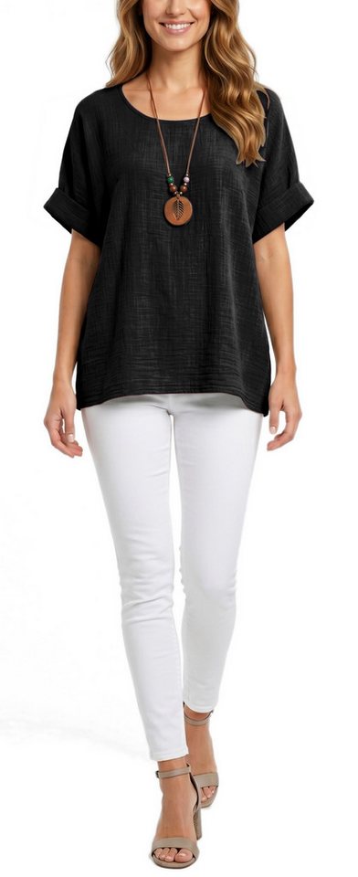 dy_mode Kurzarmbluse Damen Kurzarm Bluse Leichte Sommer Tunika Baumwollbluse Oberteil in Unifarbe, mit passende Kette – Bild 2 von 5