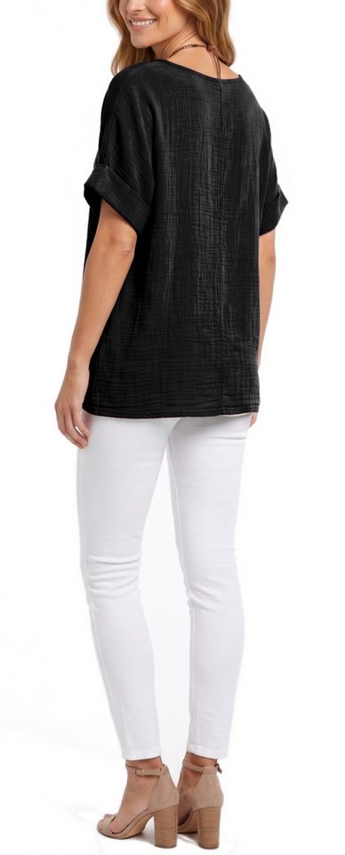 dy_mode Kurzarmbluse Damen Kurzarm Bluse Leichte Sommer Tunika Baumwollbluse Oberteil in Unifarbe, mit passende Kette – Bild 3 von 5
