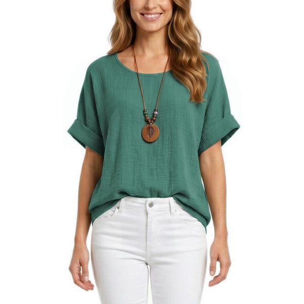 dy_mode Kurzarmbluse Damen Kurzarm Bluse Leichte Sommer Tunika Baumwollbluse Oberteil in Unifarbe, mit passende Kette