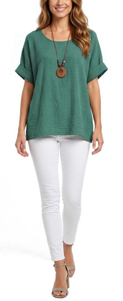 dy_mode Kurzarmbluse Damen Kurzarm Bluse Leichte Sommer Tunika Baumwollbluse Oberteil in Unifarbe, mit passende Kette – Bild 2 von 5