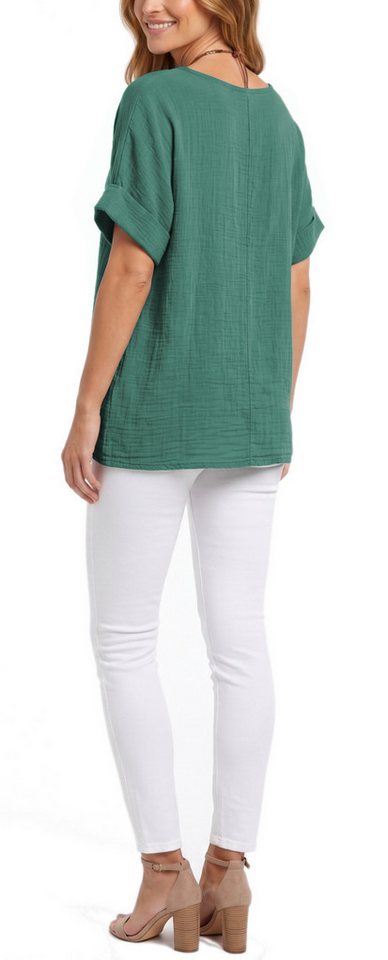 dy_mode Kurzarmbluse Damen Kurzarm Bluse Leichte Sommer Tunika Baumwollbluse Oberteil in Unifarbe, mit passende Kette – Bild 3 von 5