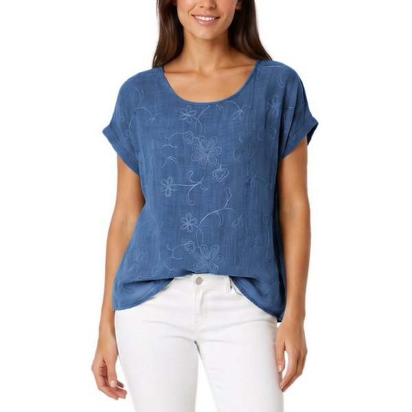dy_mode Kurzarmbluse Kurzarm Bluse Elegantes Baumwollshirt Damen einfarbig Blusenshirt in Unifarben, Rundhalsausschnitt, mit Blumenstickerei