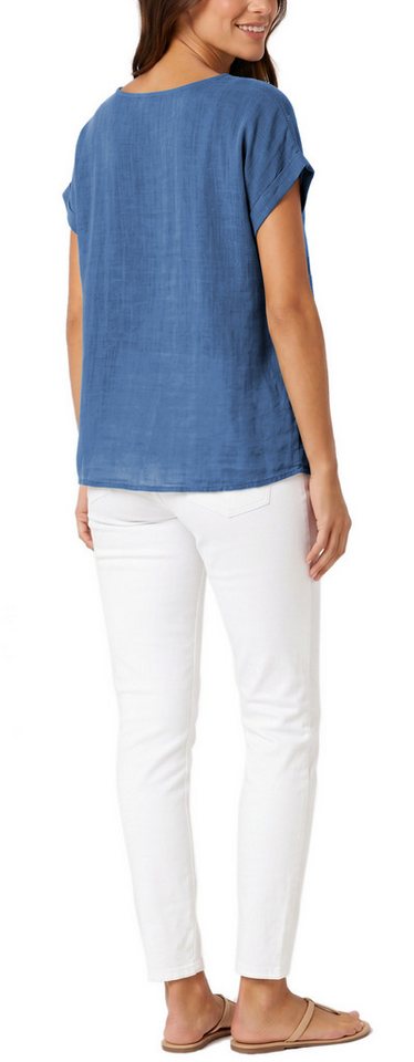 dy_mode Kurzarmbluse Kurzarm Bluse Elegantes Baumwollshirt Damen einfarbig Blusenshirt in Unifarben, Rundhalsausschnitt, mit Blumenstickerei – Bild 2 von 5